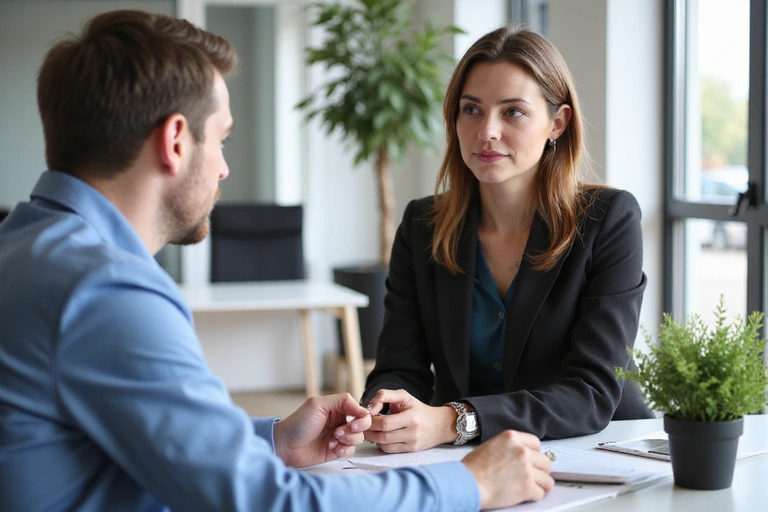 Un consultant discutant avec un client, symbolisant l'accompagnement personnalisé