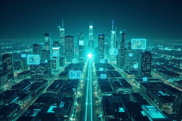Image illustrant la transformation digitale avec des icônes technologiques