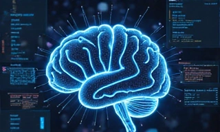 Artificial intelligence illustration with a brain and data visualizations