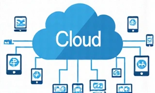 Cloud computing illustration with data flowing into a cloud icon