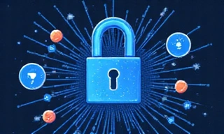 Cybersecurity illustration with a padlock and shield icon